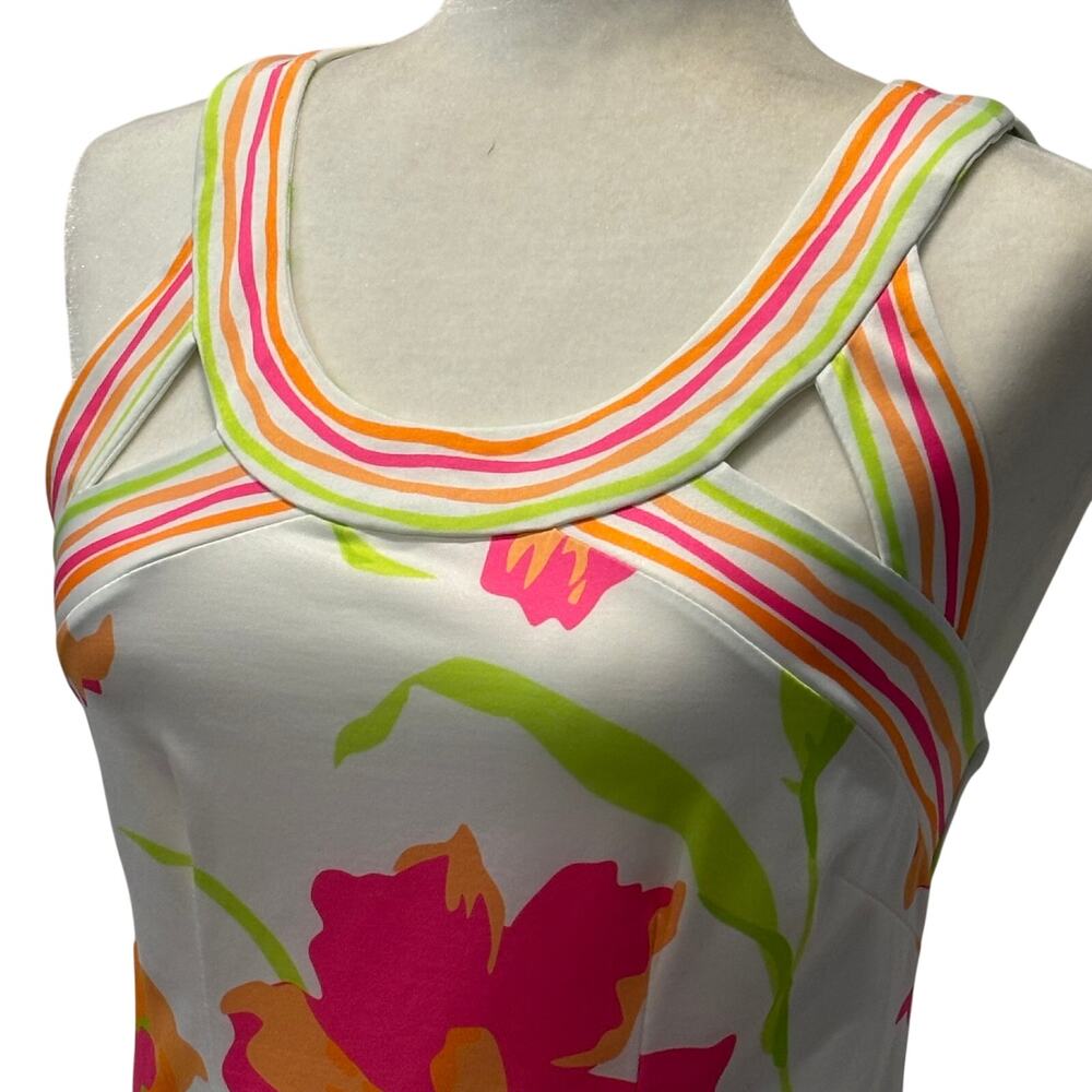 Gretchen Scott Isosceles Icon Dress XS Bright Floral Stripe Neck Stretch Shift - Picture 2 of 11